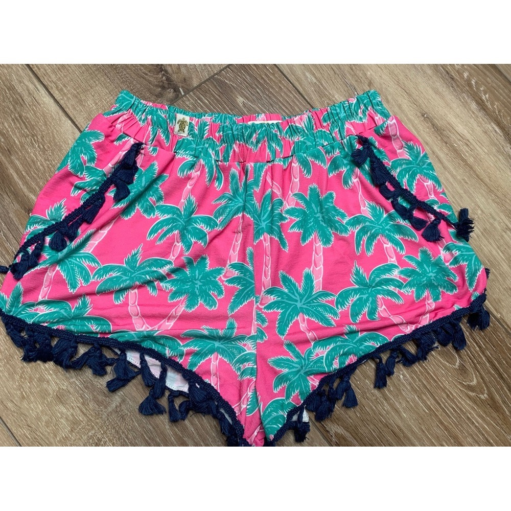 Simply Southern Tassel Palm Tree Printed Pink Green Shorts S/M